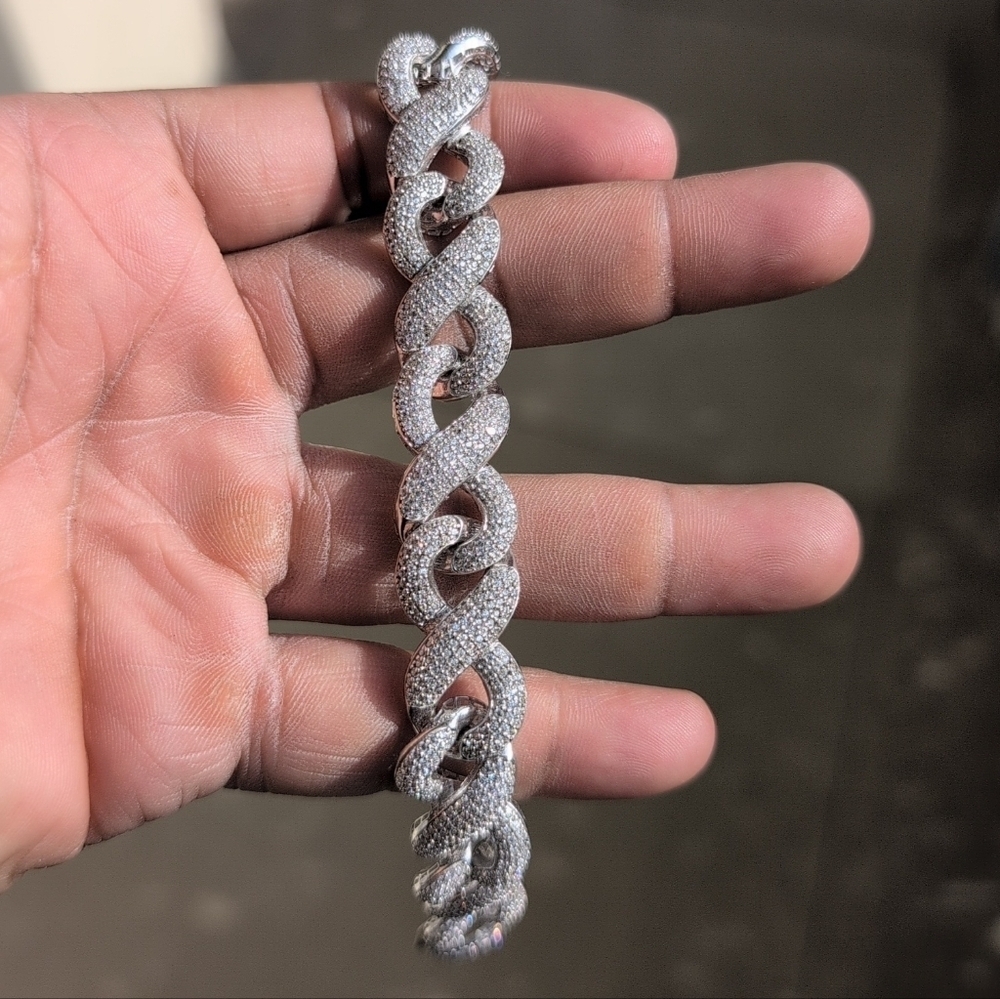 Rhodium finish 925 Sterling Silver CZ Encrusted Miami Cuban Link Bracelet 13.8mm